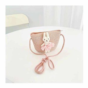 Khaki Straw 🦋Woven Bunny Rabbit Handbag Crossbody Purse NEW